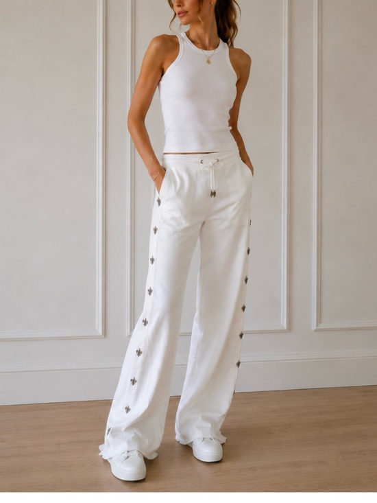 Pants - White Wide-Leg Fleur-de-lis embellished lounge pants